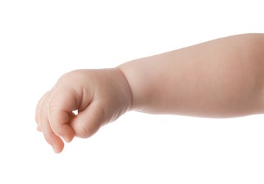 Photo of Little baby on white background, closeup view