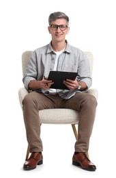 Photo of Professional psychologist with clipboard sitting on chair against white background