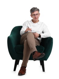 Photo of Professional psychologist with notebook sitting on chair against white background