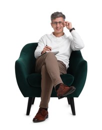 Photo of Professional psychologist with notebook sitting on chair against white background