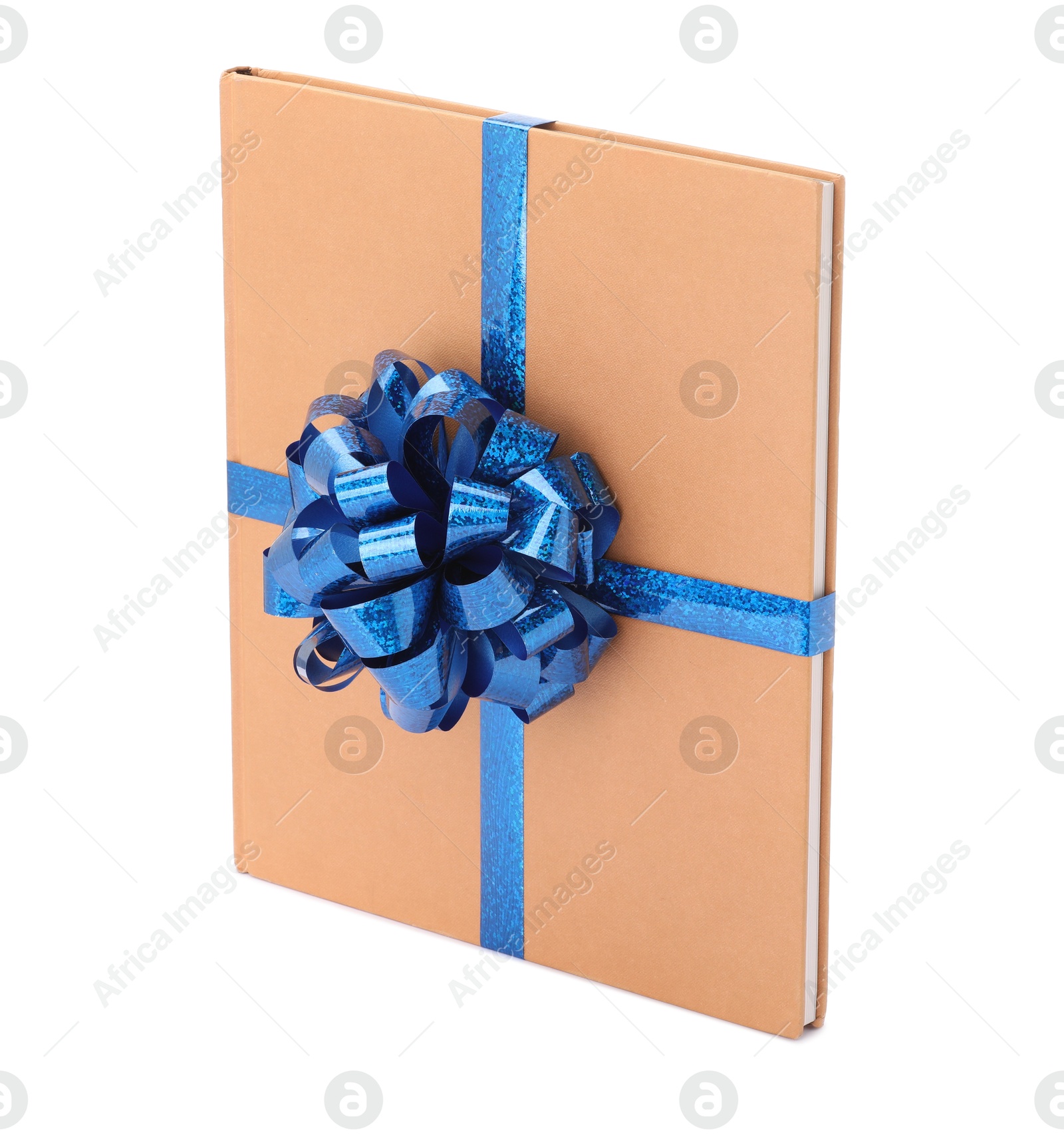 Photo of One book with blue bow as gift isolated on white