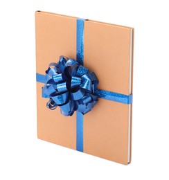 Photo of One book with blue bow as gift isolated on white