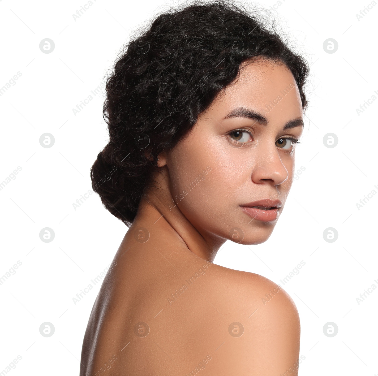 Photo of Cosmetology. Beautiful woman with perfect skin on white background