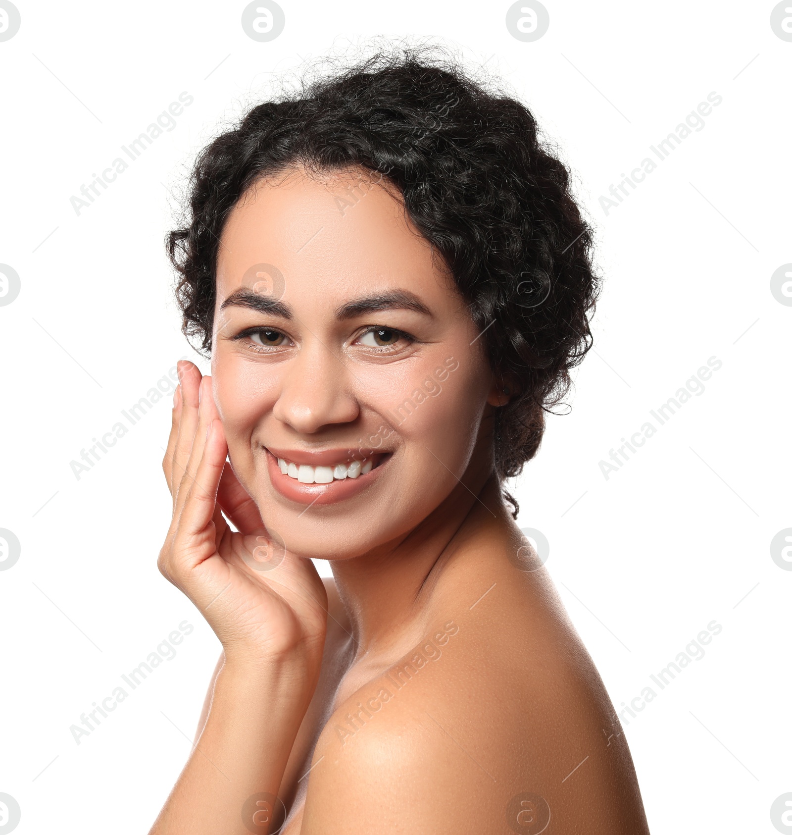 Photo of Cosmetology. Beautiful woman with perfect skin on white background