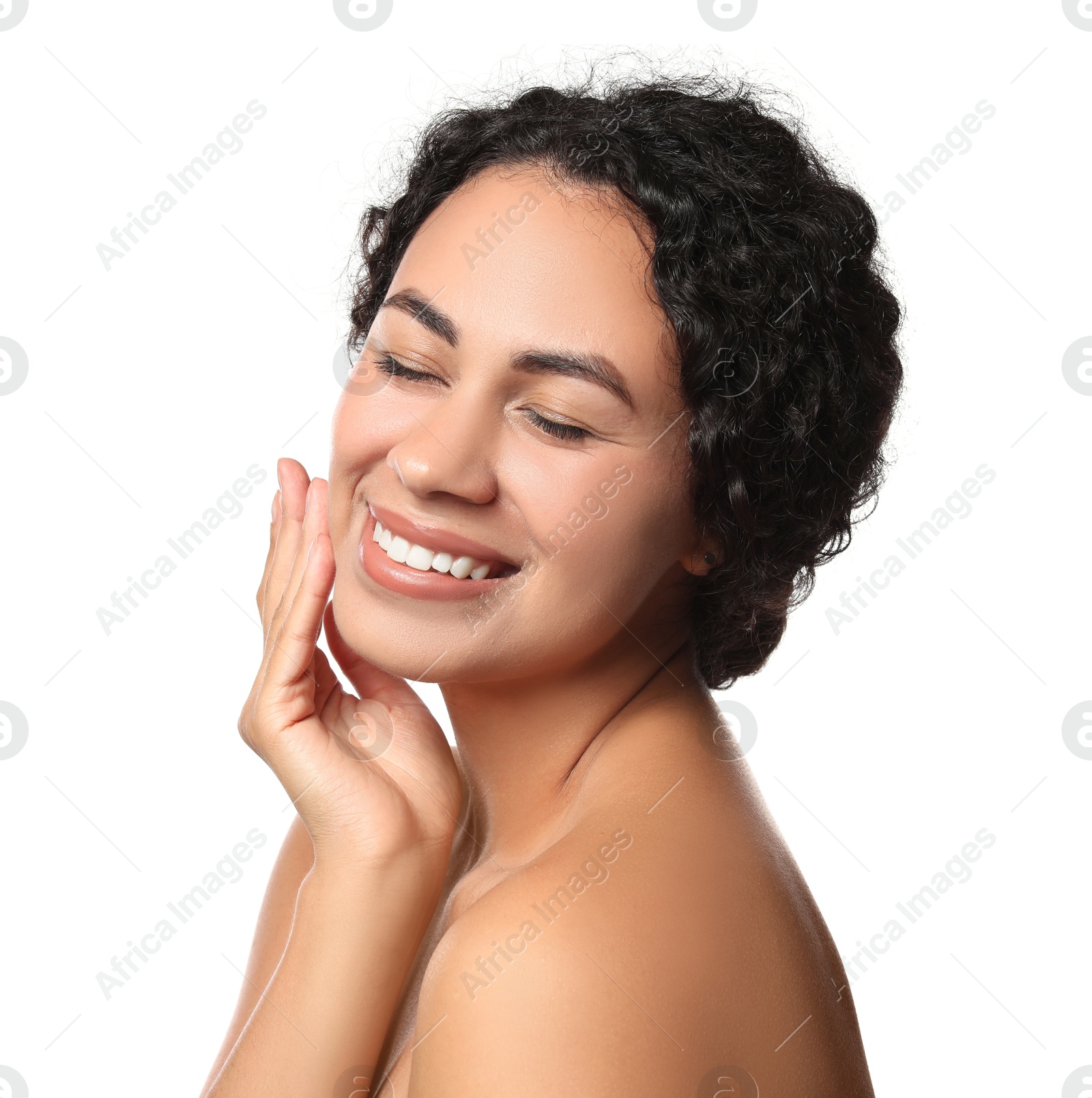 Photo of Cosmetology. Beautiful woman with perfect skin on white background