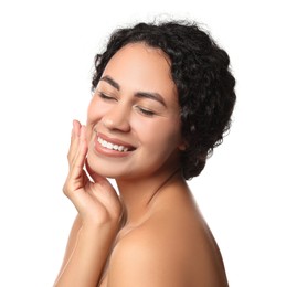 Photo of Cosmetology. Beautiful woman with perfect skin on white background