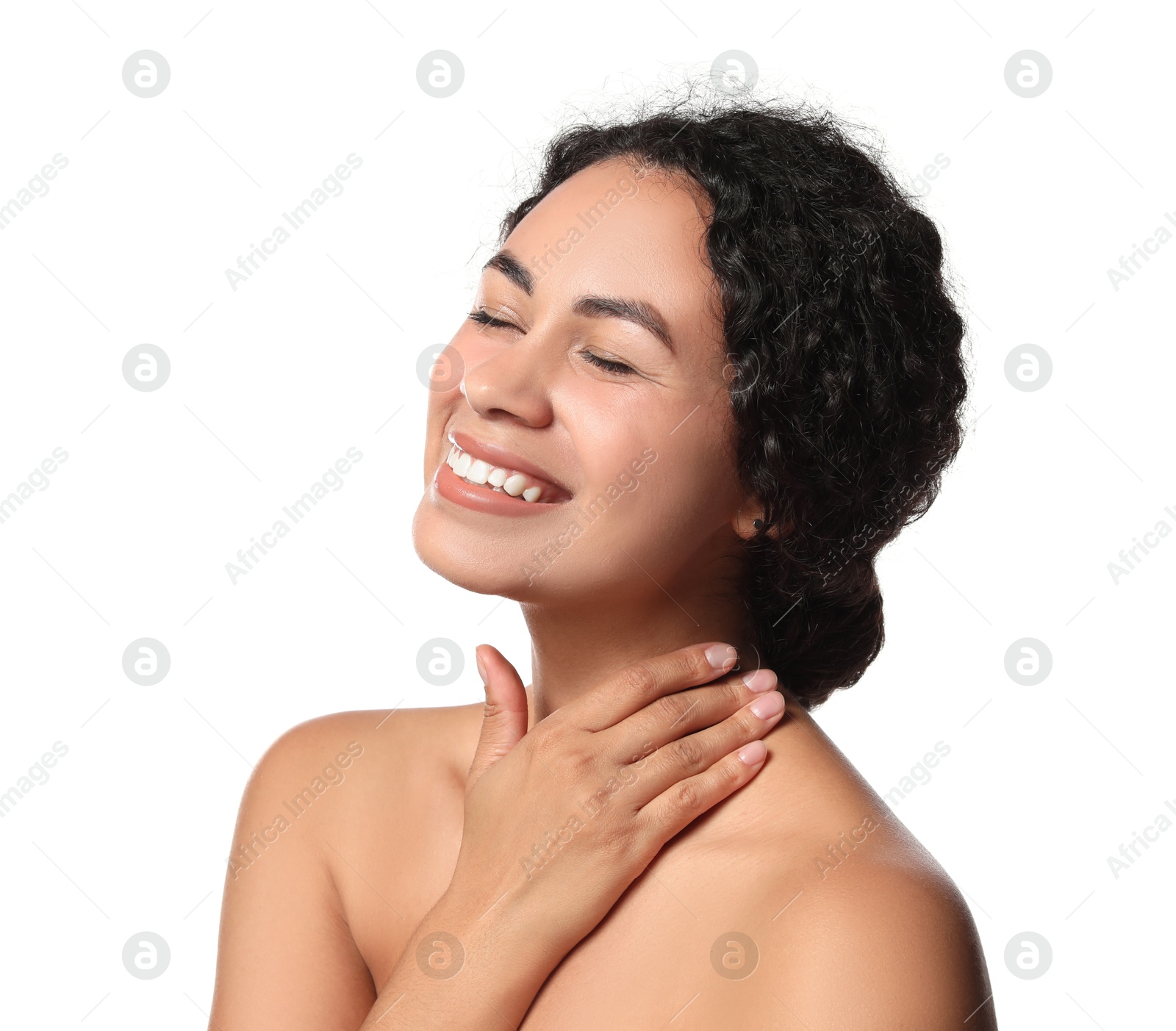 Photo of Cosmetology. Beautiful woman with perfect skin on white background