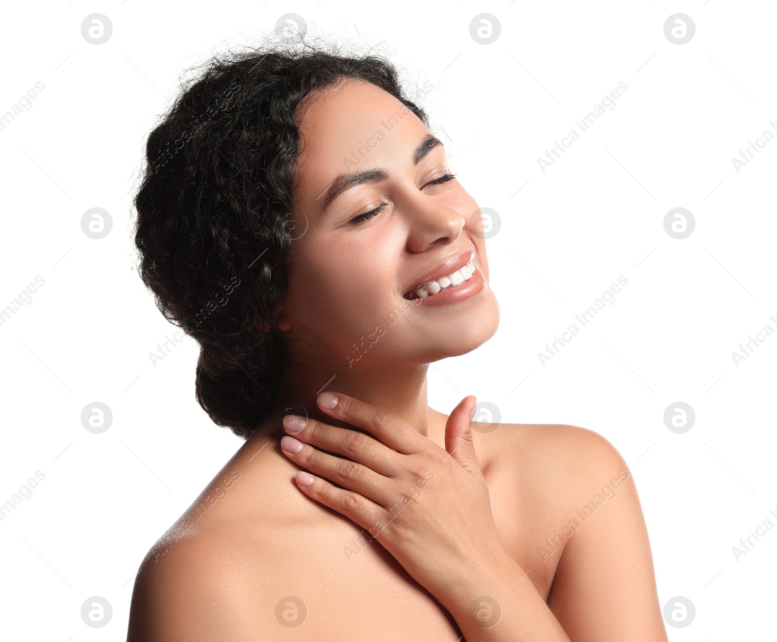 Photo of Cosmetology. Beautiful woman with perfect skin on white background