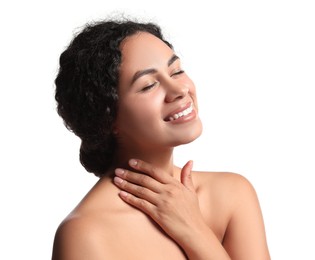 Photo of Cosmetology. Beautiful woman with perfect skin on white background