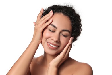 Photo of Cosmetology. Beautiful woman with perfect skin on white background