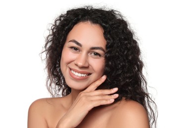 Photo of Cosmetology. Beautiful woman with perfect skin on white background