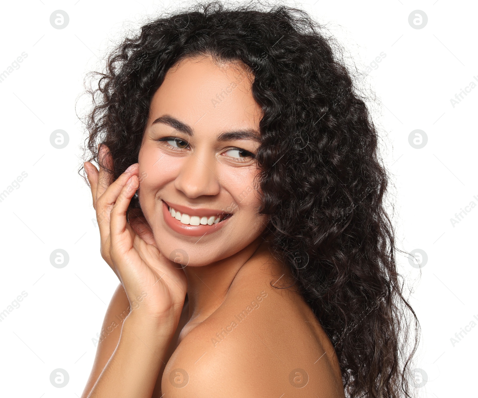 Photo of Cosmetology. Beautiful woman with perfect skin on white background