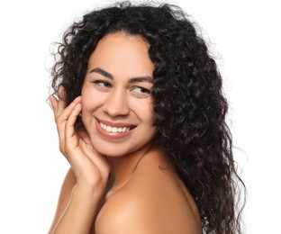 Photo of Cosmetology. Beautiful woman with perfect skin on white background