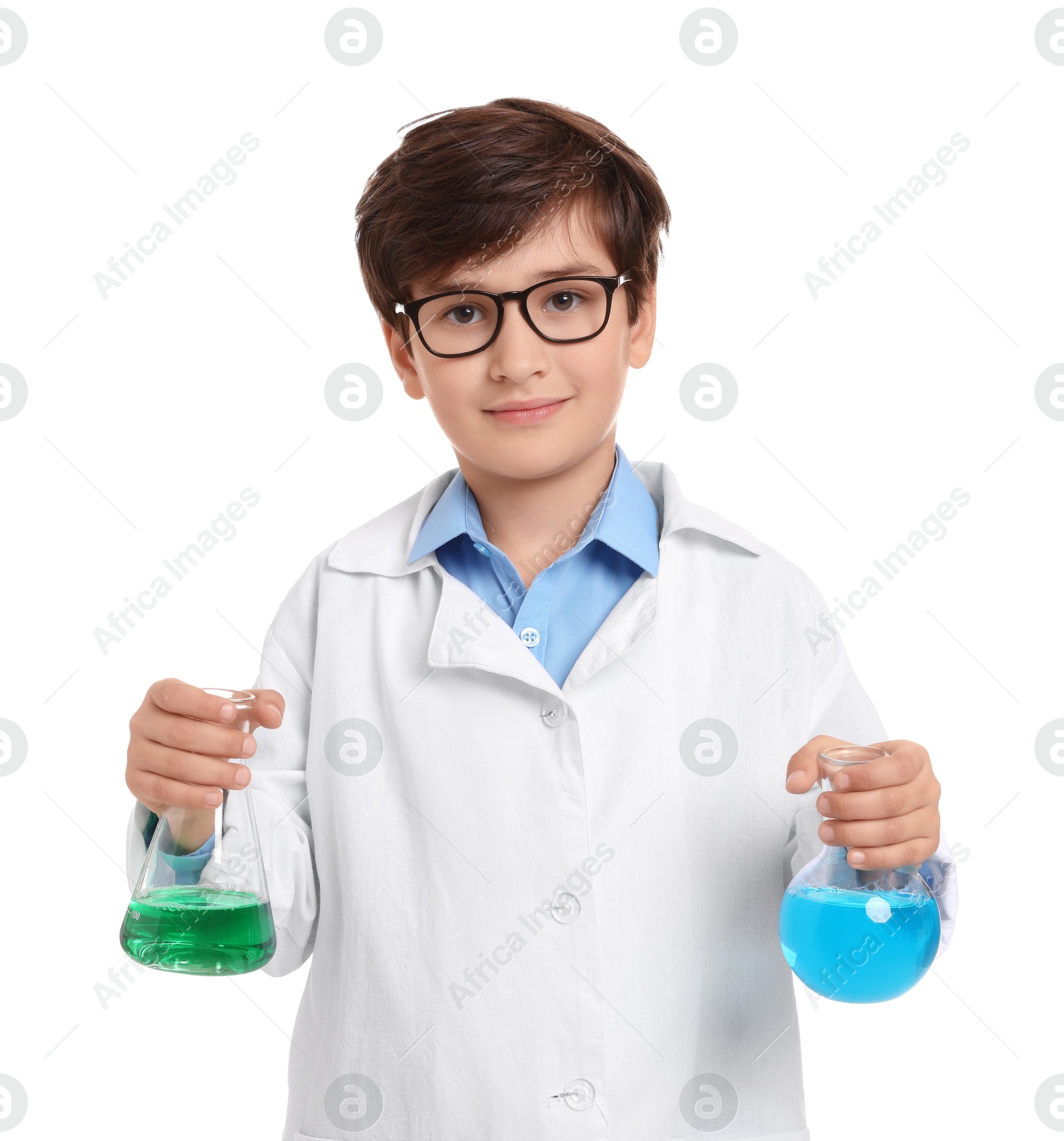 Photo of Boy with glassware pretending to be scientist on white background. Dreaming of future profession