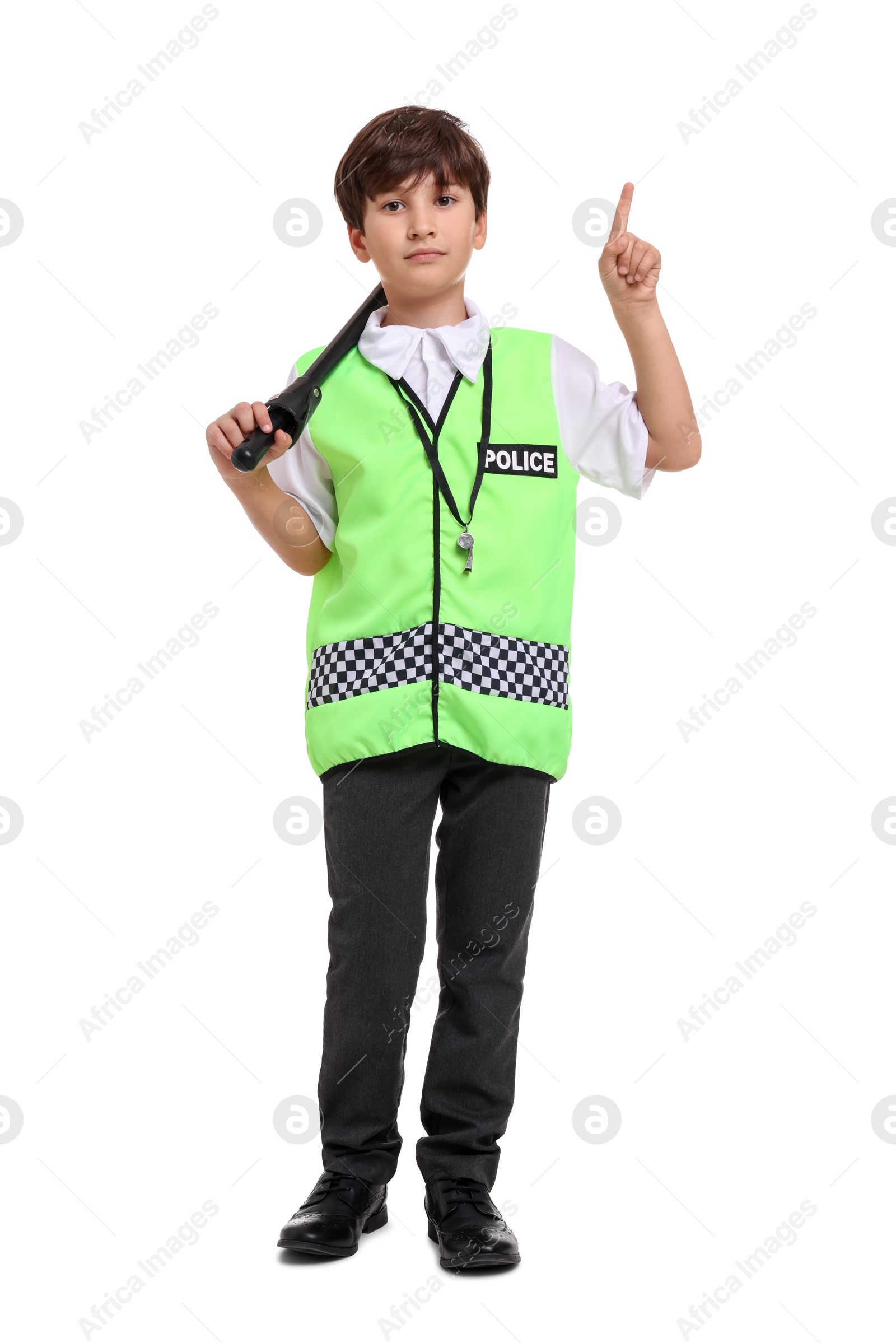 Photo of Boy pretending to be policeman on white background. Dreaming of future profession