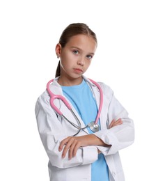 Photo of Girl with stethoscope pretending to be doctor on white background. Dreaming of future profession