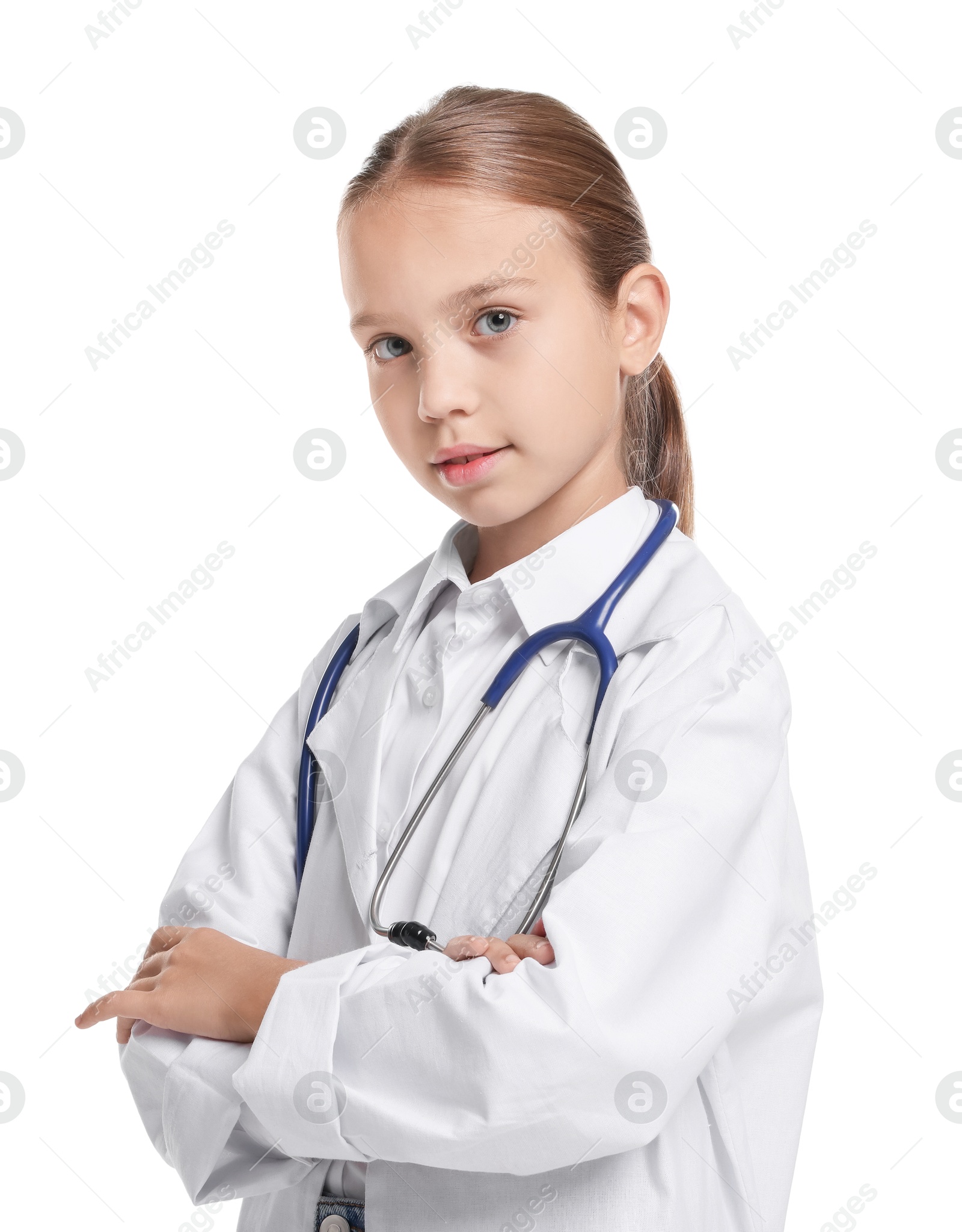 Photo of Girl with stethoscope pretending to be doctor on white background. Dreaming of future profession