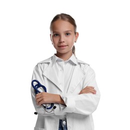 Photo of Girl with stethoscope pretending to be doctor on white background. Dreaming of future profession