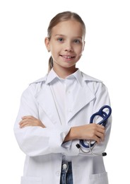 Photo of Girl with stethoscope pretending to be doctor on white background. Dreaming of future profession