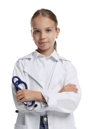 Photo of Girl with stethoscope pretending to be doctor on white background. Dreaming of future profession