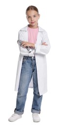 Photo of Girl with stethoscope pretending to be doctor on white background. Dreaming of future profession