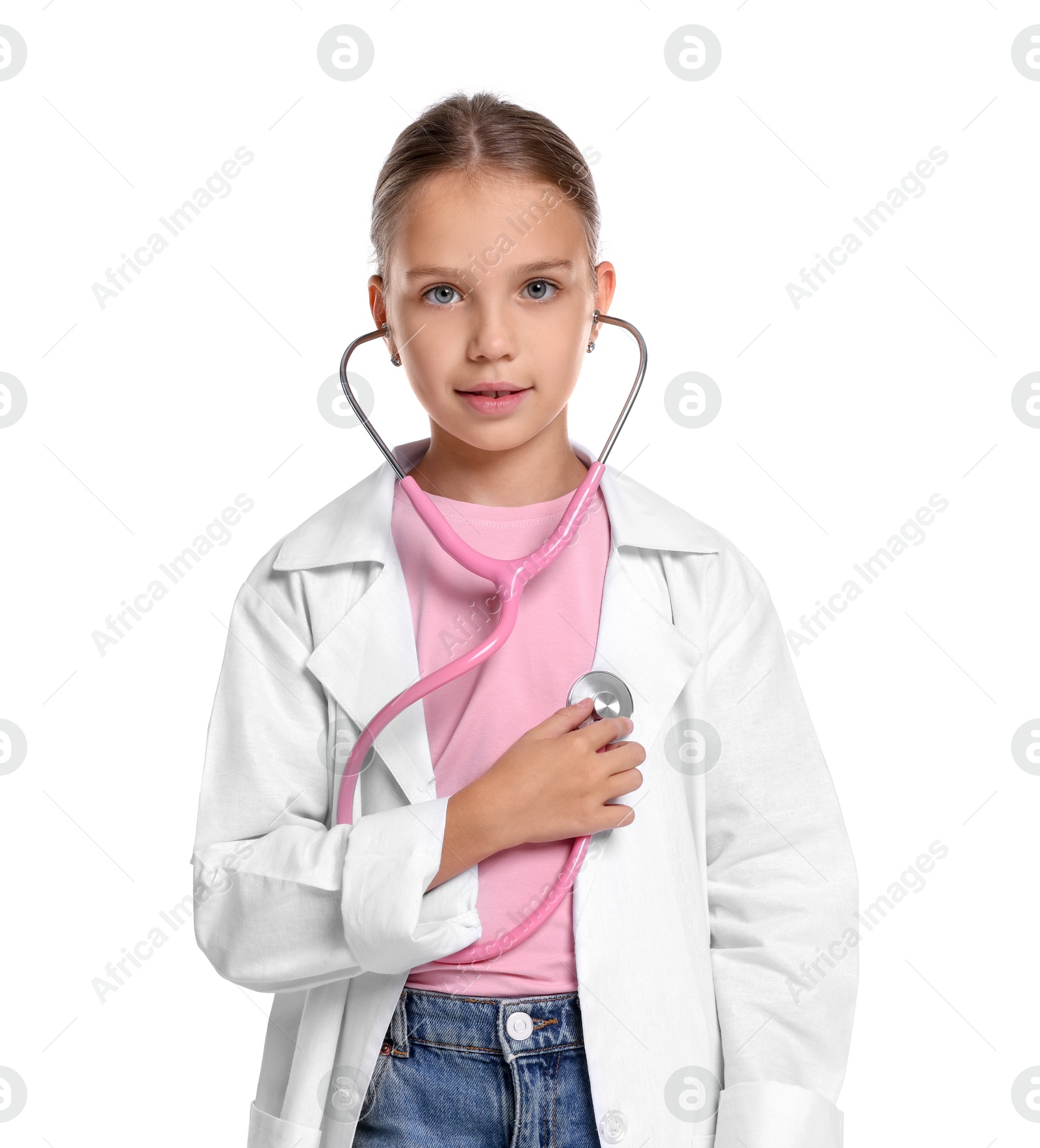 Photo of Girl with stethoscope pretending to be doctor on white background. Dreaming of future profession