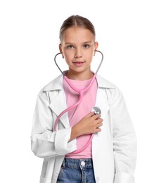 Photo of Girl with stethoscope pretending to be doctor on white background. Dreaming of future profession