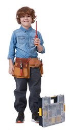 Photo of Little boy with tools on white background. Dreaming about future profession