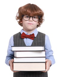 Photo of Little boy with books pretending to be teacher on white background. Dreaming about future profession