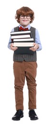 Photo of Little boy with books pretending to be teacher on white background. Dreaming about future profession