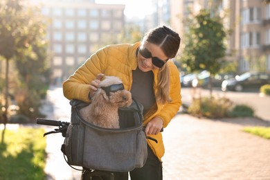 Woman with bicycle and cute Toy Poodle dog in sunglasses outdoors