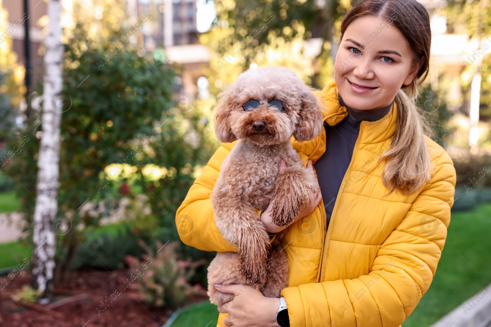 Photo of Woman with cute Toy Poodle dog in sunglasses outdoors