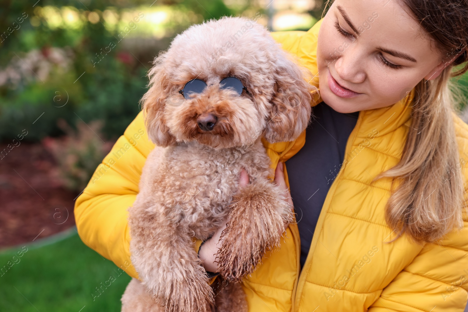 Photo of Woman with cute Toy Poodle dog in sunglasses outdoors