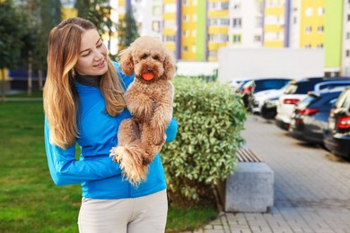 Woman and cute Toy Poodle dog with ball outdoors