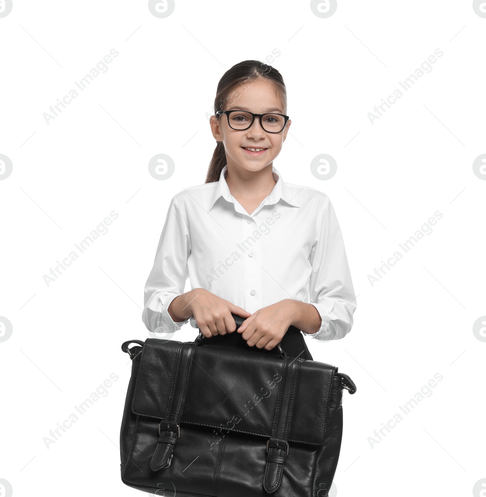 Photo of Girl with glasses and bag pretending to be accountant on white background. Dreaming of future profession