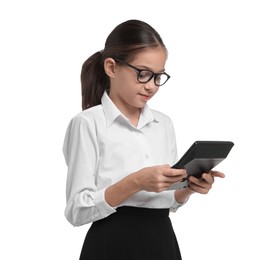 Photo of Girl with glasses and calculator pretending to be accountant on white background. Dreaming of future profession