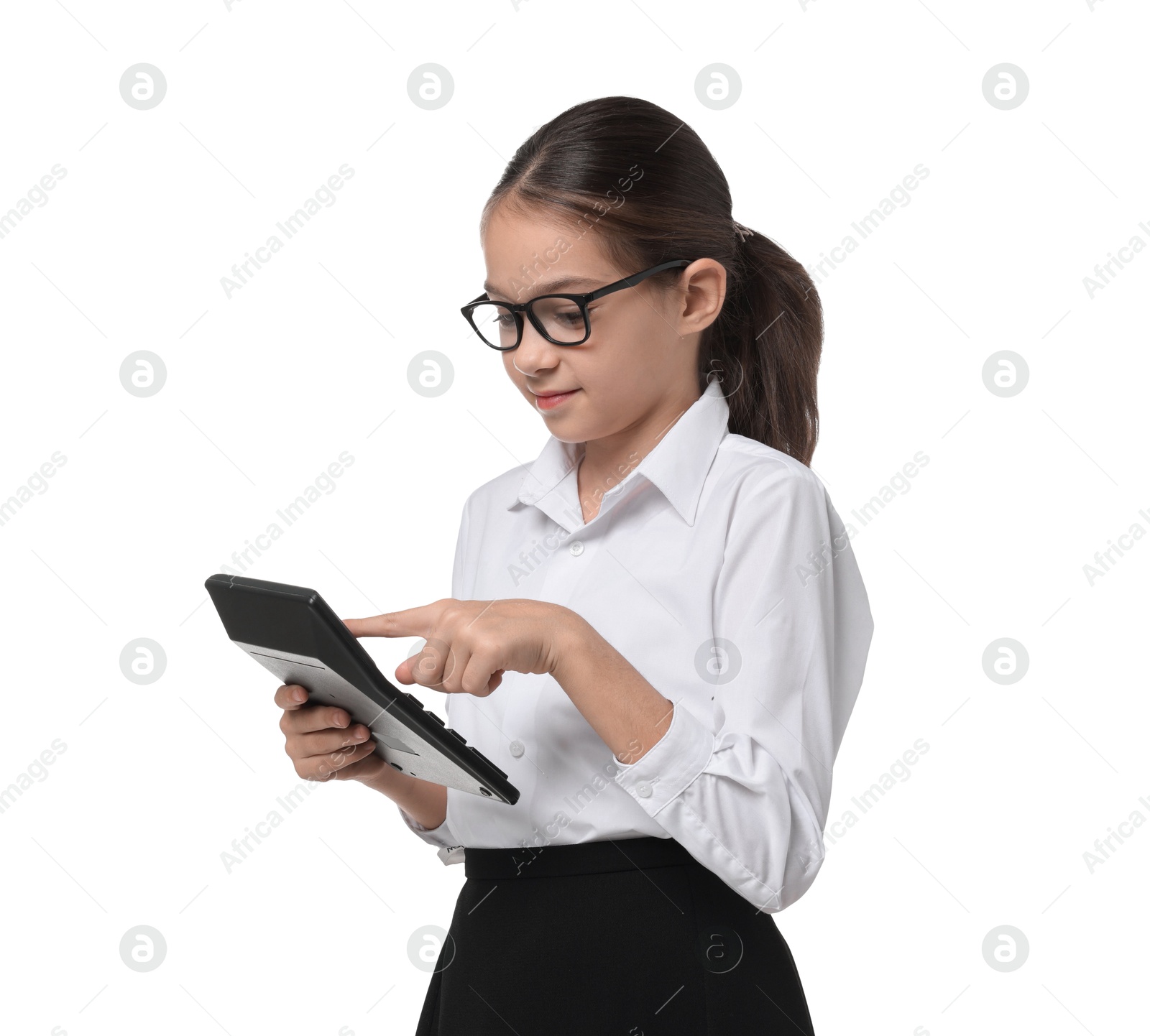 Photo of Girl with glasses and calculator pretending to be accountant on white background. Dreaming of future profession