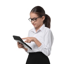 Photo of Girl with glasses and calculator pretending to be accountant on white background. Dreaming of future profession