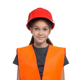 Photo of Girl with hardhat and vest pretending to be firefighter on white background. Dreaming of future profession