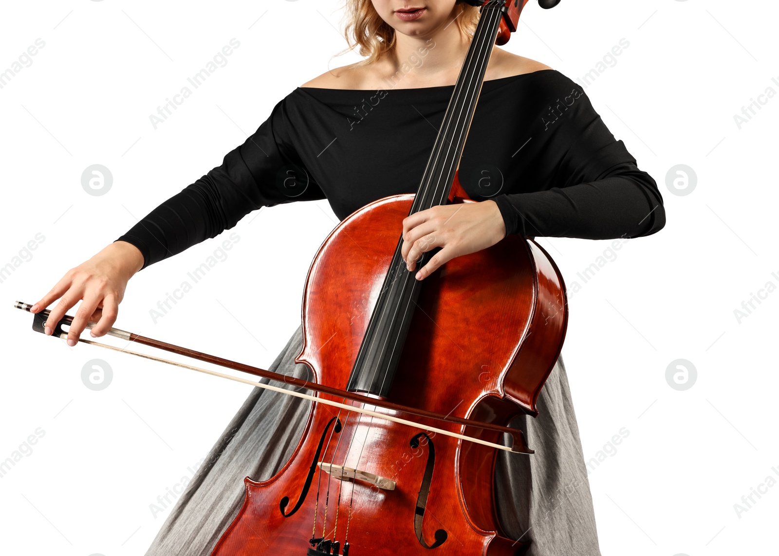 Photo of Young woman playing cello on white background, closeup