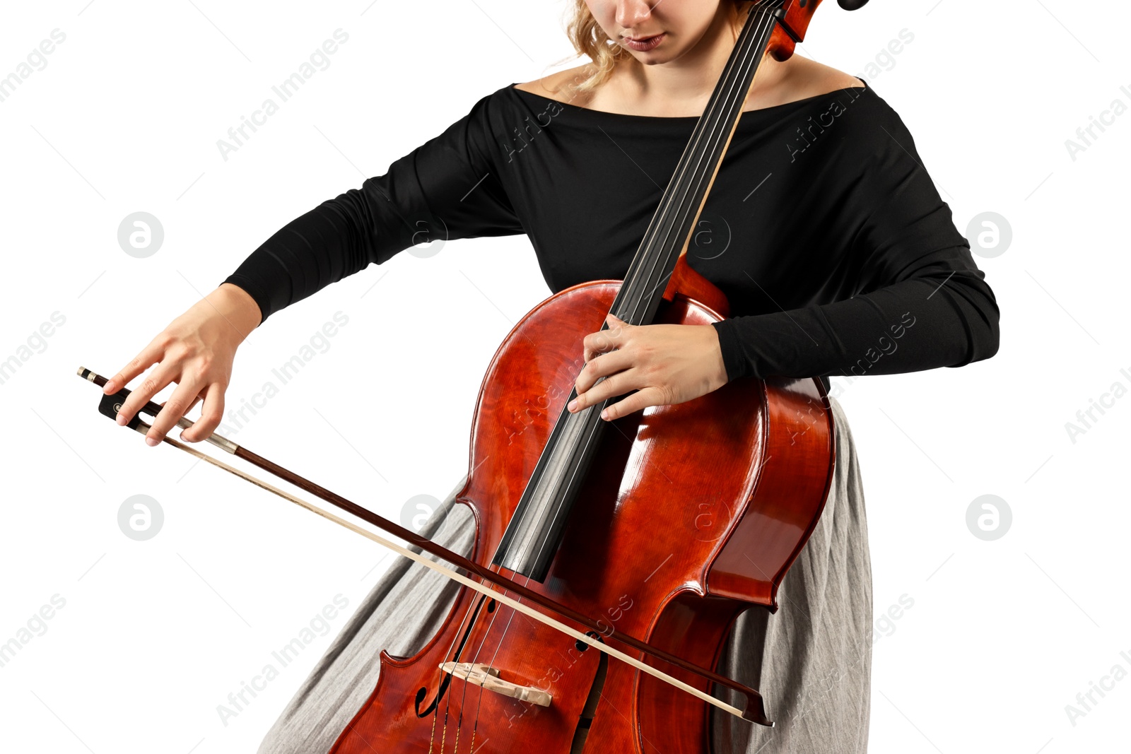 Photo of Young woman playing cello on white background, closeup