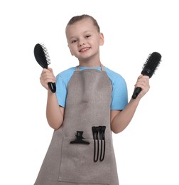 Photo of Little girl with brushes pretending to be hairdresser on white background. Dreaming of future profession