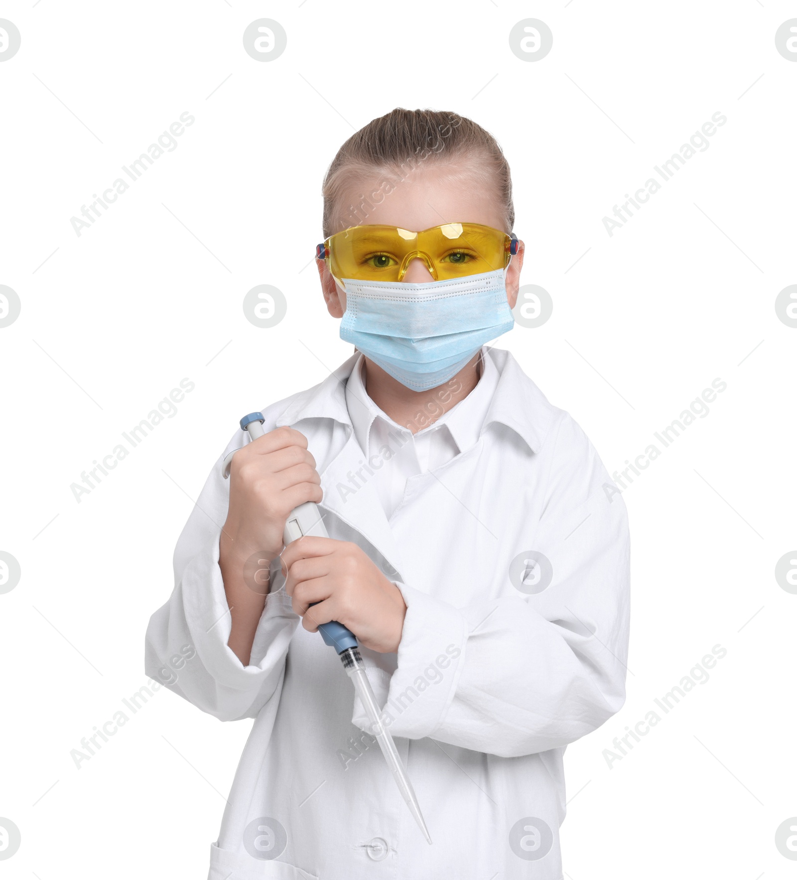 Photo of Little girl with protective mask and micropipette pretending to be doctor on white background. Dreaming of future profession