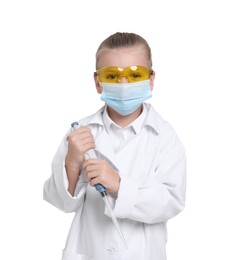 Photo of Little girl with protective mask and micropipette pretending to be doctor on white background. Dreaming of future profession