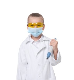 Photo of Little girl with protective mask and micropipette pretending to be doctor on white background. Dreaming of future profession