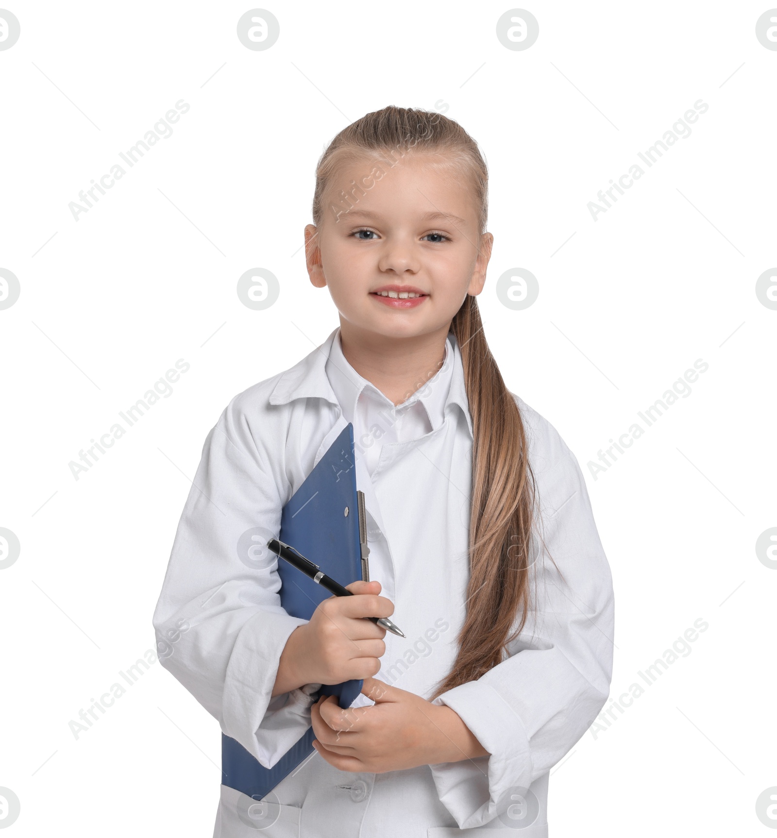 Photo of Little girl with clipboard and pen pretending to be doctor on white background. Dreaming of future profession