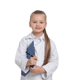 Photo of Little girl with clipboard and pen pretending to be doctor on white background. Dreaming of future profession