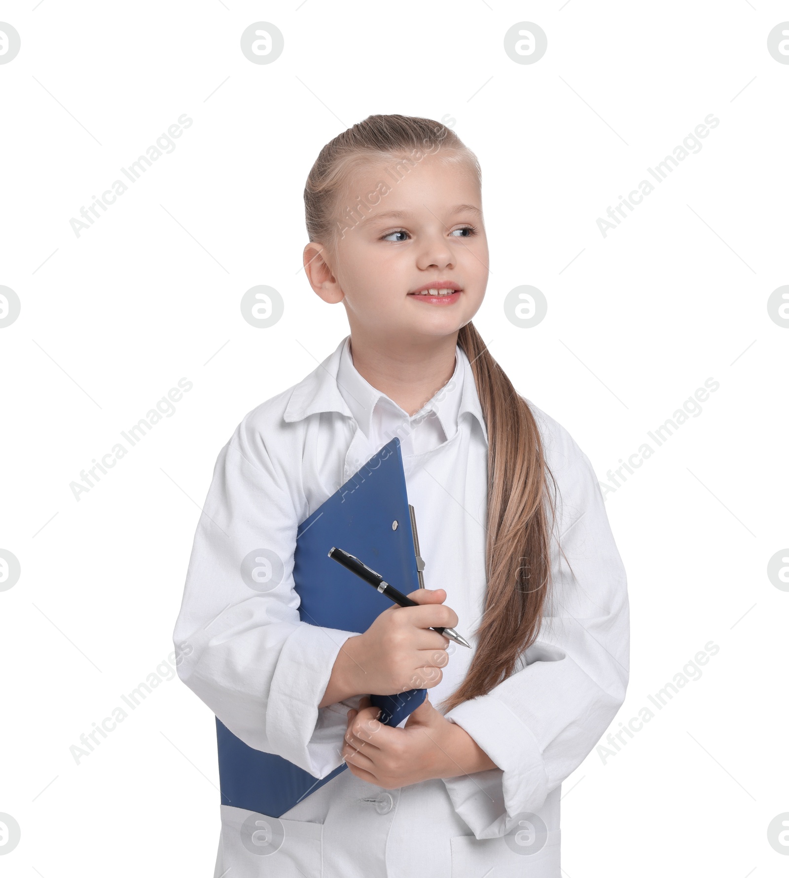 Photo of Little girl with clipboard and pen pretending to be doctor on white background. Dreaming of future profession