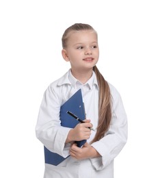 Photo of Little girl with clipboard and pen pretending to be doctor on white background. Dreaming of future profession