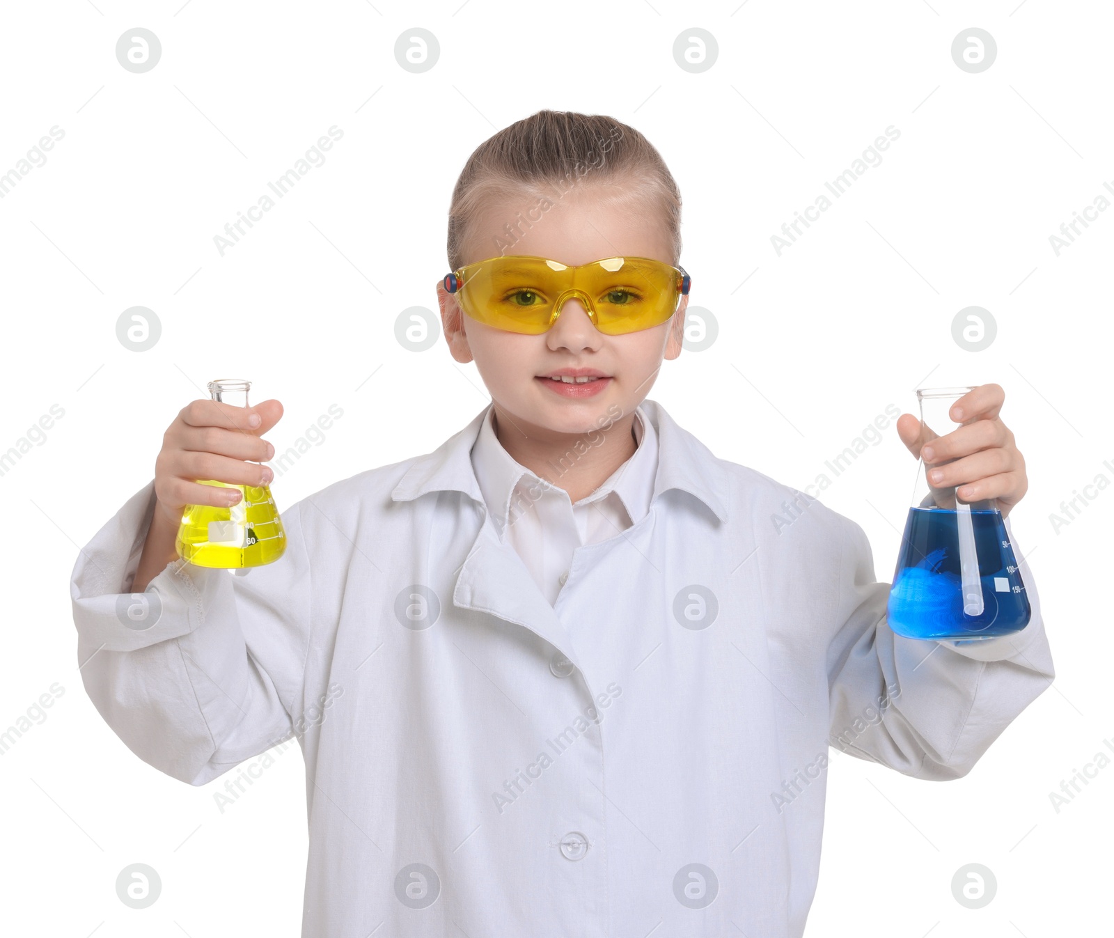 Photo of Little girl with glassware pretending to be scientist on white background. Dreaming of future profession